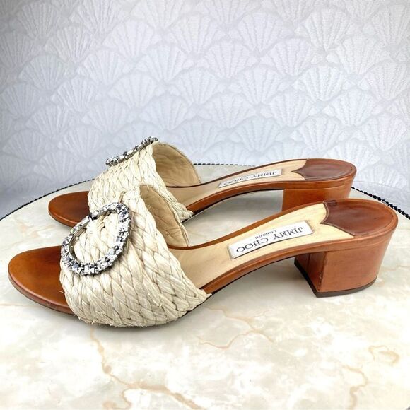 Jimmy Choo Granger Raffia-Wicker Heels Sandals Ivory Crystal Embellished Slides - Picture 6 of 13
